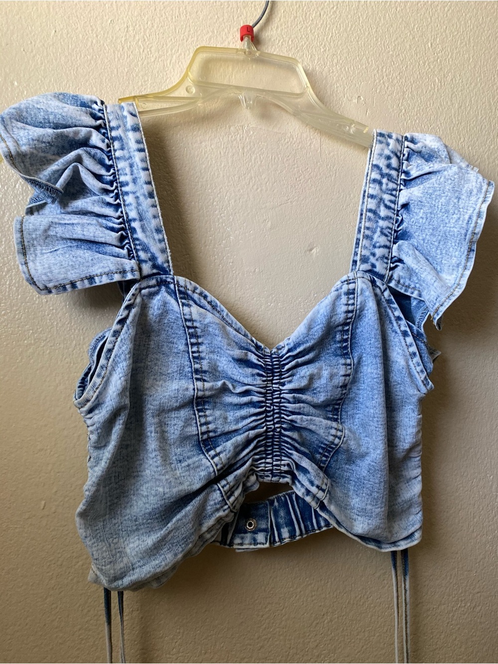 Denim Ruffle Tie-Front Crop Top - Blue - Picture 2 of 6
